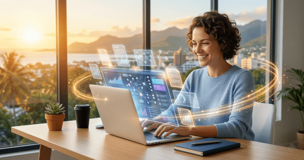 Smiling woman typing on a laptop at a sunny home office desk with floating glowing document cards and golden light trails representing taking action with Genspark AI for research