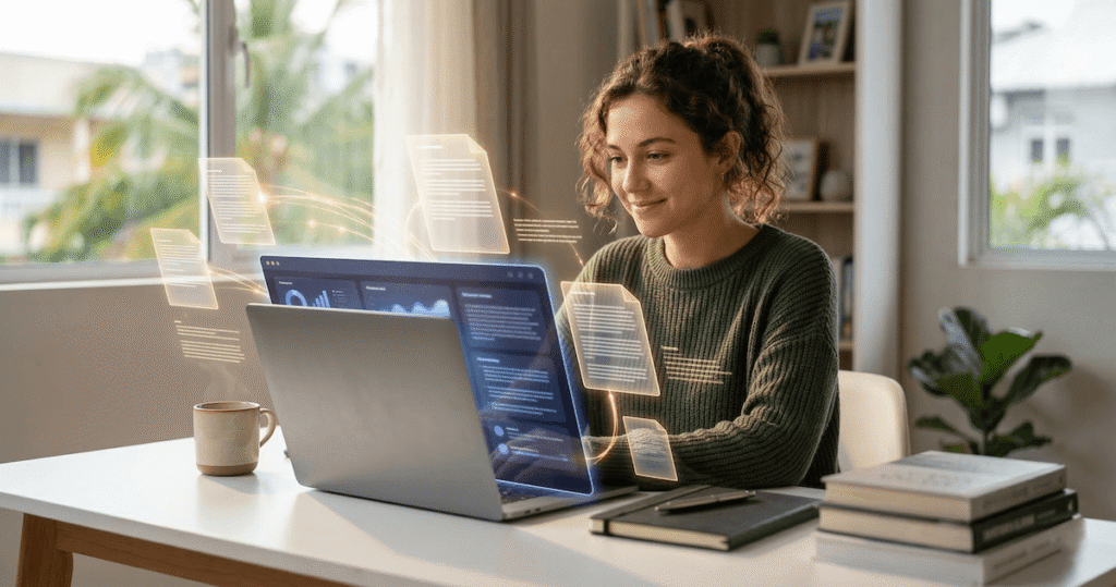 Smiling female freelance writer using Genspark AI for research with floating glowing document cards and golden light trails at a bright home office desk
