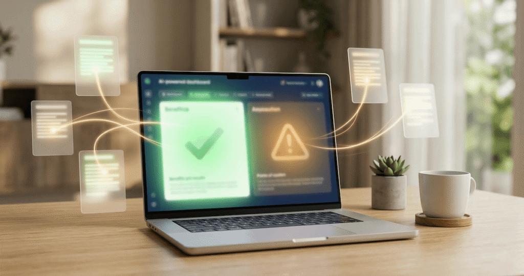 Laptop screen showing green checkmark and amber warning icon representing the pros and cons of using Genspark AI for research with floating document cards and golden light trails