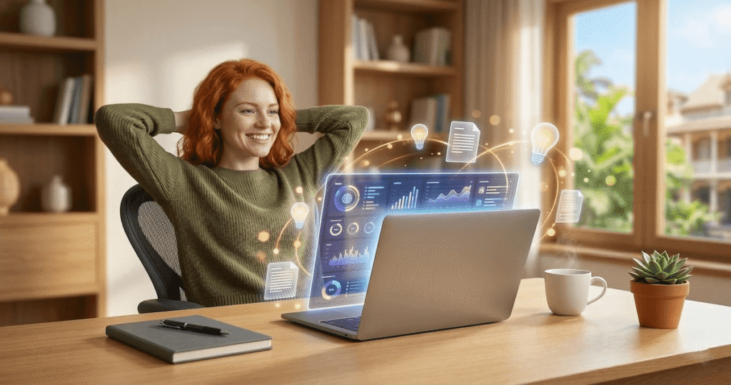 Relaxed smiling woman leaning back at a home office desk with glowing lightbulb icons and document cards floating from a laptop screen representing smart tips for using Genspark AI for research