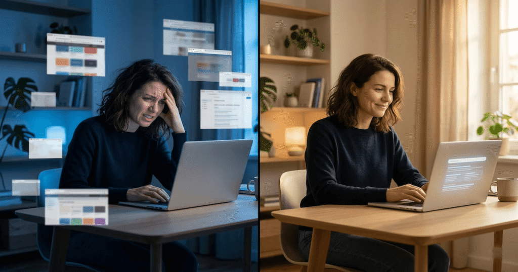 Frustrated person overwhelmed by browser tabs on the left versus relaxed person using Genspark AI for research on the right