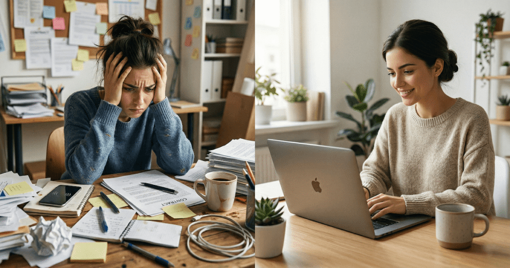 Frustrated woman overwhelmed by paperwork versus relaxed woman using laptop to create AI UGC video ads