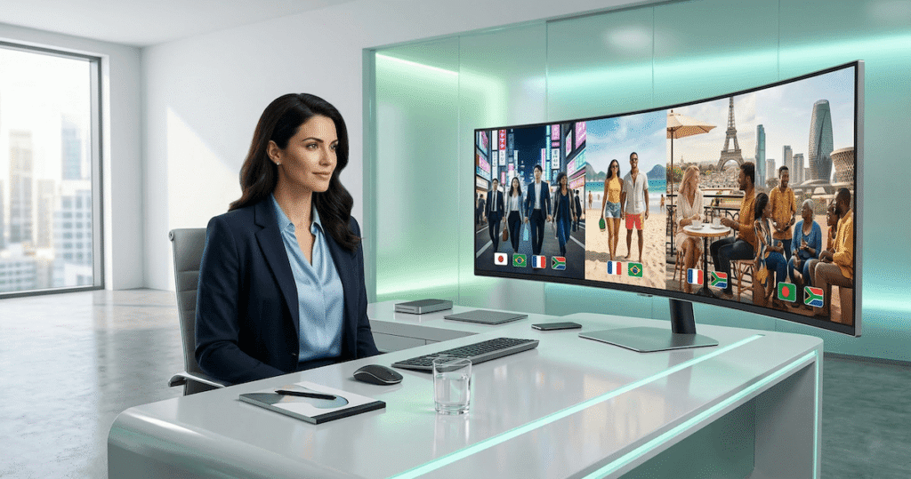 Professional marketer using Tagshop AI to create cinematic multilingual video ads for international markets on a widescreen monitor