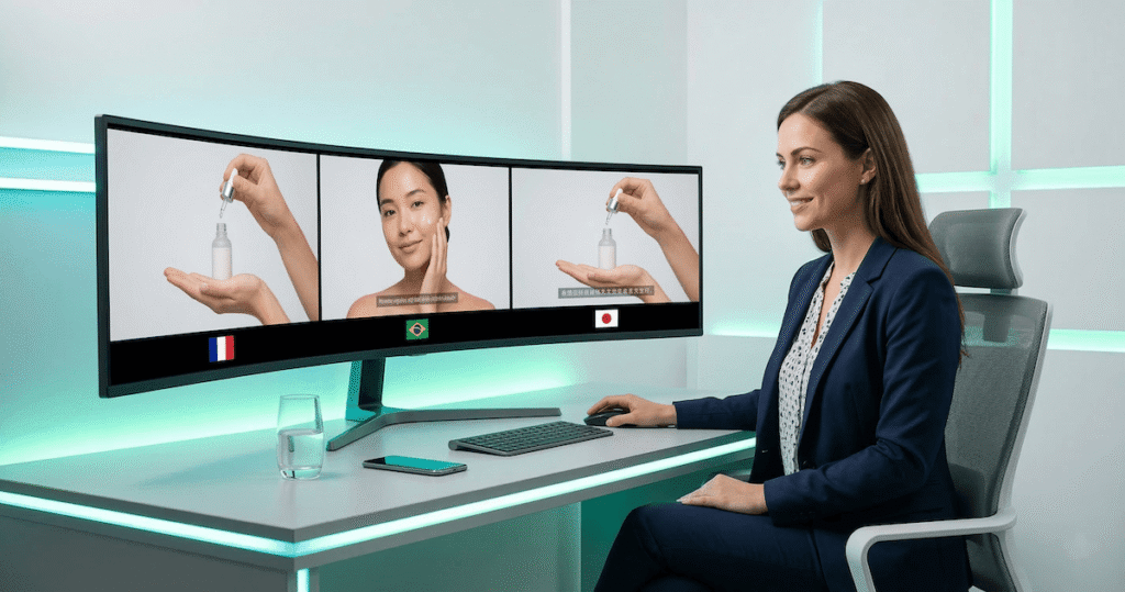 Professional marketer using Tagshop AI to review the same skincare video ad in French, Brazilian, and Japanese on a widescreen monitor