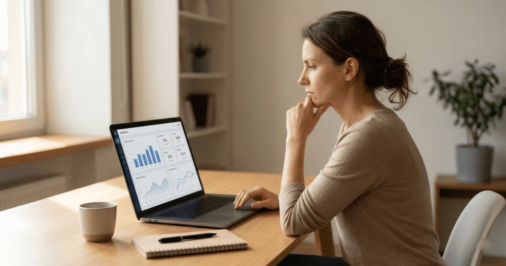 Woman reviewing ad performance analytics on laptop after following a Tagshop AI tutorial