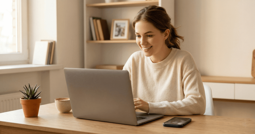 Young woman smiling at laptop after successfully completing a Tagshop AI tutorial to create UGC video ads