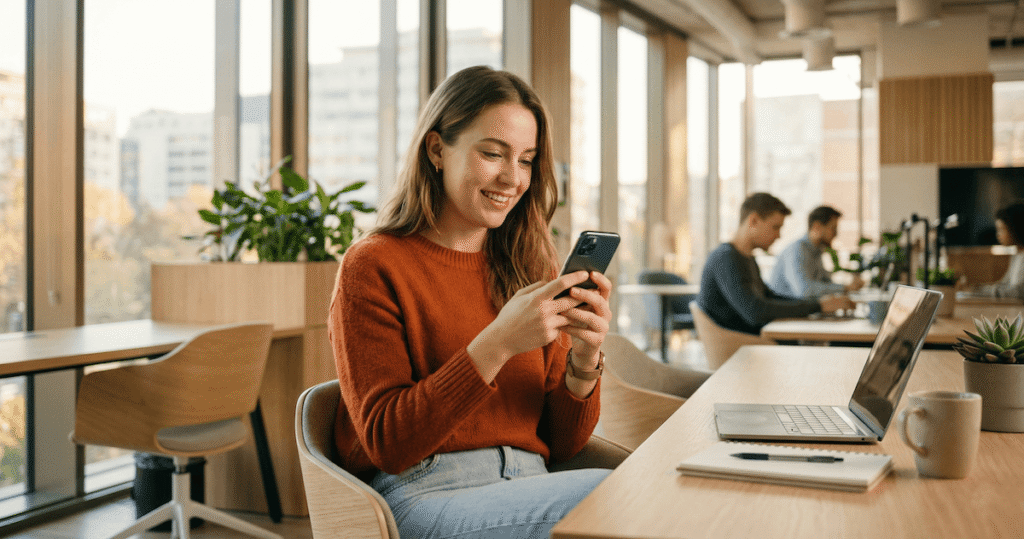 Woman in co-working space using smartphone to follow a Tagshop AI tutorial and create UGC video ads