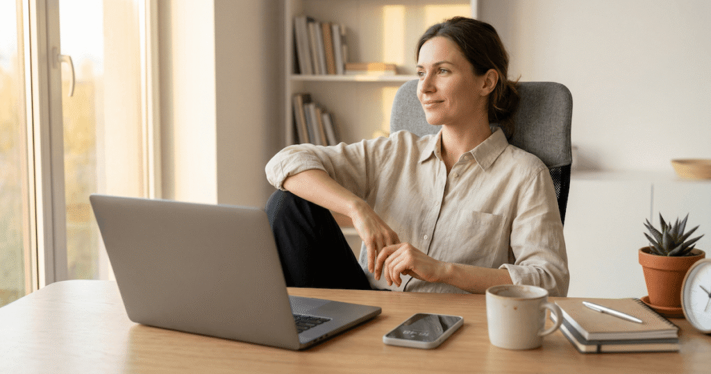 Woman reflecting at her desk after completing a Tagshop AI tutorial to create UGC video ads