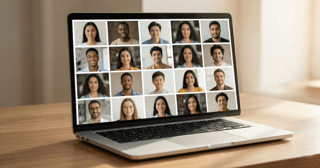 Laptop screen showing a diverse grid of AI avatars to select for a UGC ad in a Tagshop AI tutorial