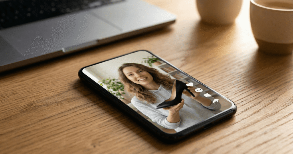 Smartphone on desk showing a UGC-style video ad created with a Tagshop AI tutorial