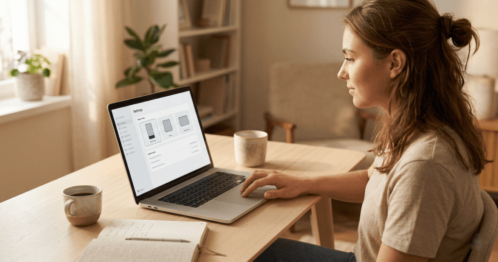 Woman selecting video format settings on laptop during a Tagshop AI tutorial