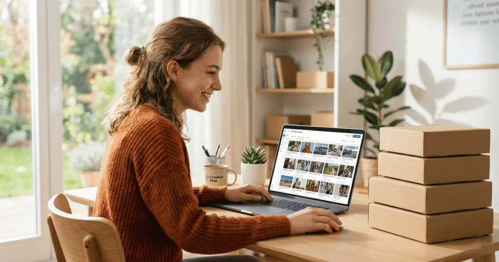 Smiling woman using TagShop AI dashboard to manage AI UGC video ads for her dropshipping store