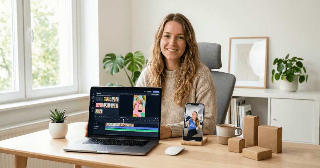 Woman at desk using TagShop AI to create AI UGC video ads on laptop and smartphone