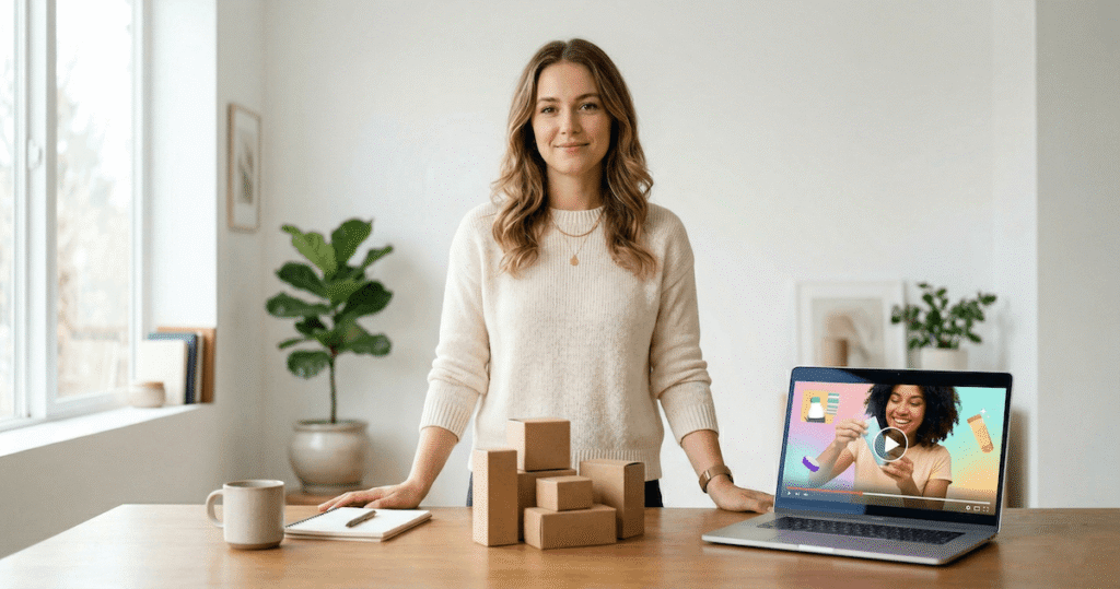 Confident woman standing at desk with product boxes and laptop showing an AI UGC video ad