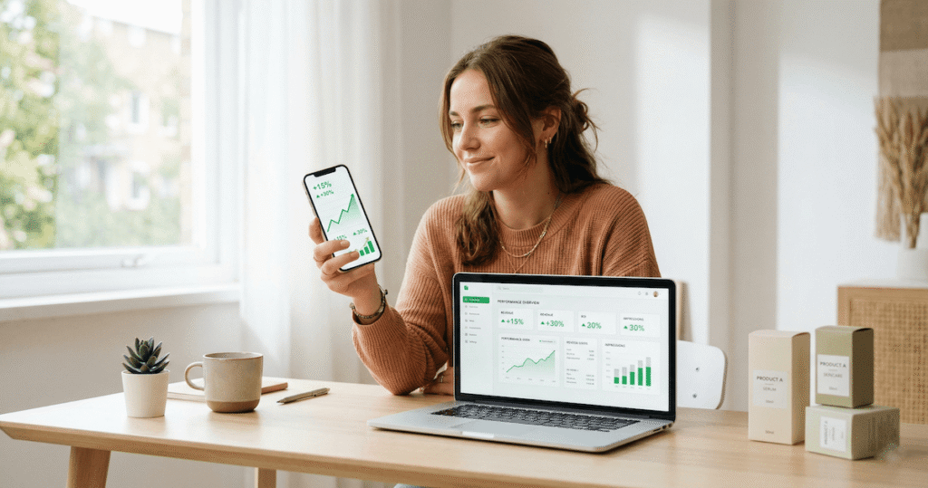 Woman reviewing AI UGC video ads performance analytics on smartphone and laptop dashboard