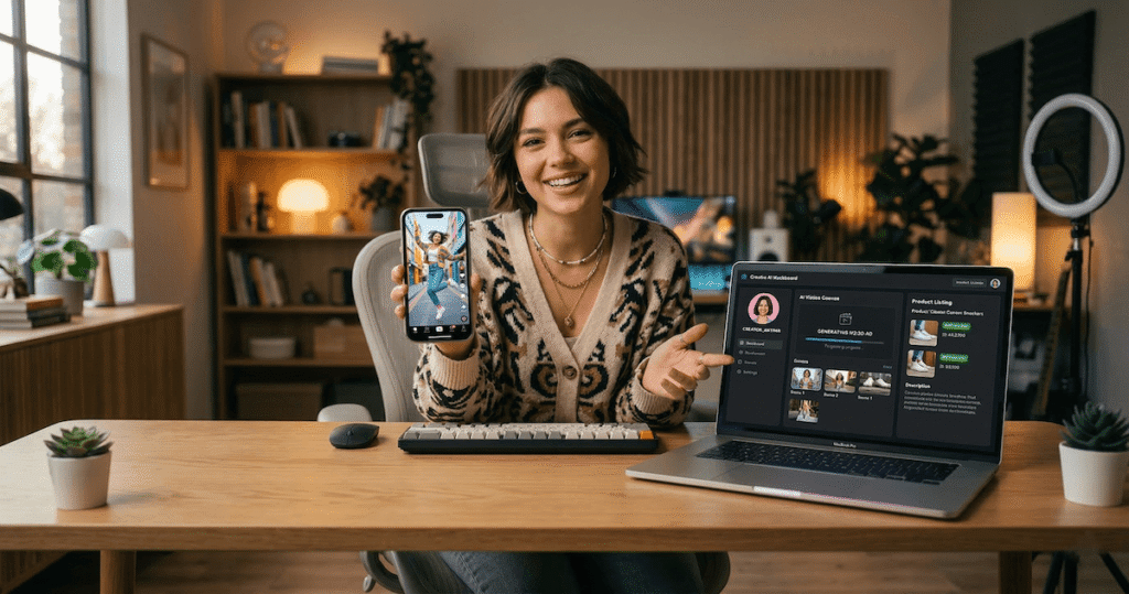 Young content creator making TikTok AI UGC ads using Creatify AI on a laptop