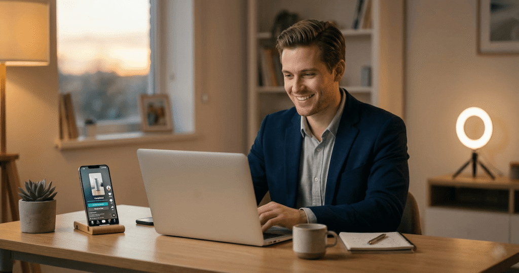 Entrepreneur smiling at laptop after successfully creating TikTok AI UGC ads with Creatify AI