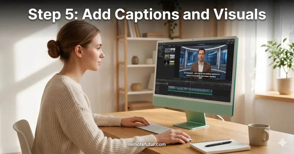 How to create HeyGen video ads: adding captions and visuals to an AI avatar video on a green iMac