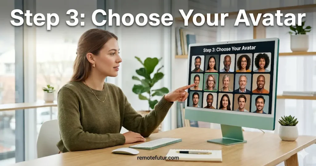 How to create HeyGen video ads: choosing an avatar from a diverse library on a green iMac