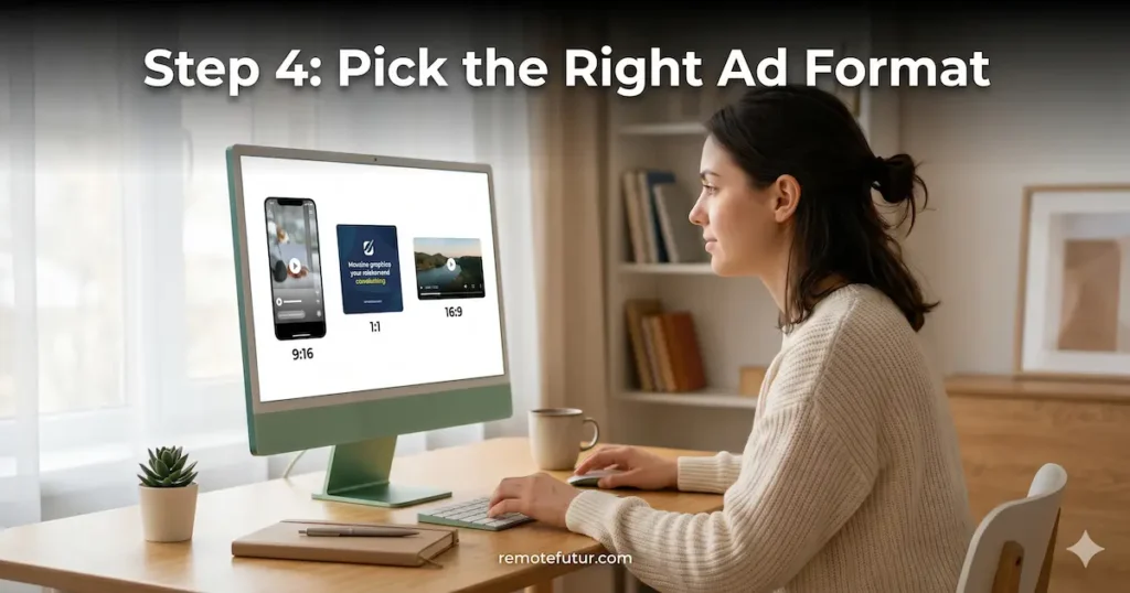 How to create HeyGen video ads: choosing between 9:16, 1:1, and 16:9 ad formats on a green iMac