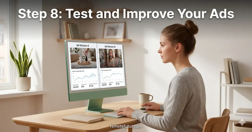 How to create HeyGen video ads: A/B testing two ad versions with analytics on a green iMac