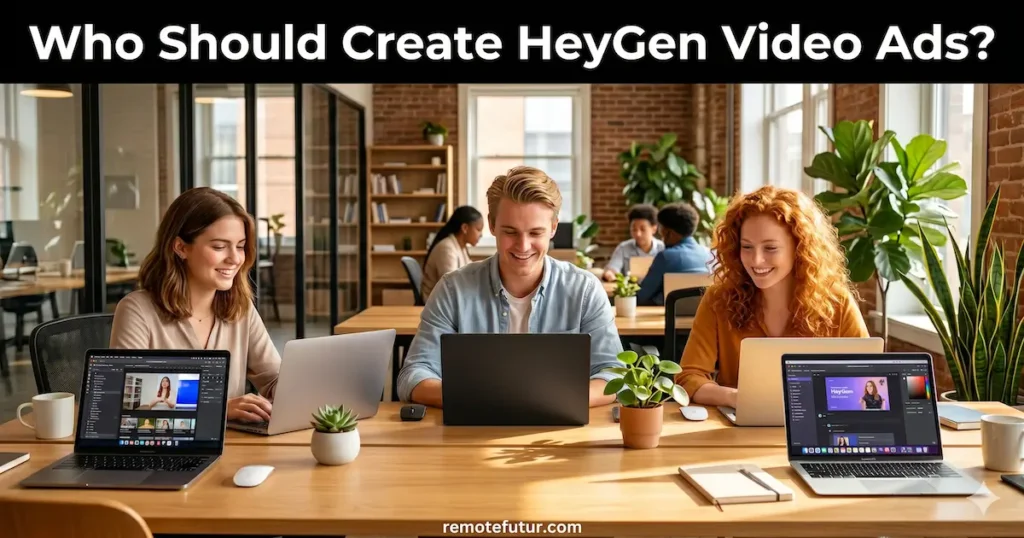 How to create HeyGen video ads: diverse professionals working together on laptops in a co-working space