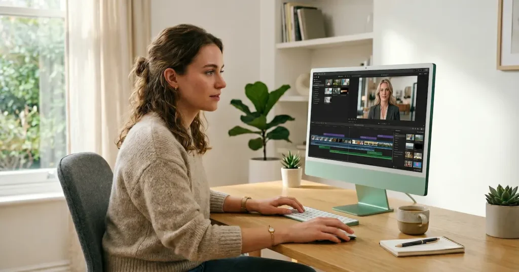 Woman creating HeyGen video ads on a green iMac in a bright home office