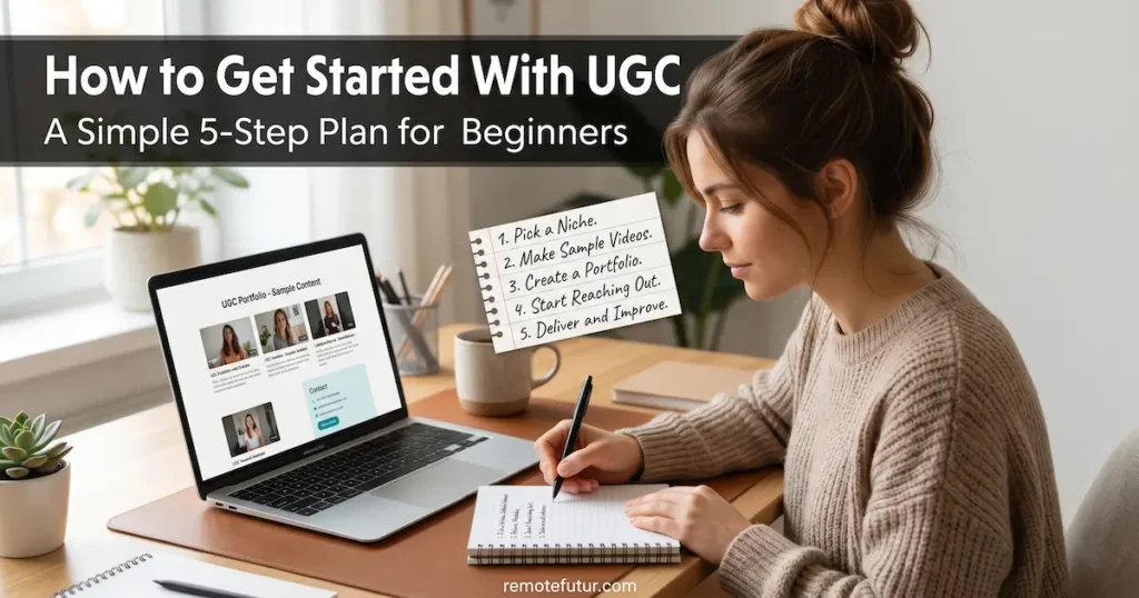 Woman writing a 5-step UGC starter plan in a notebook with a UGC portfolio open on her laptop