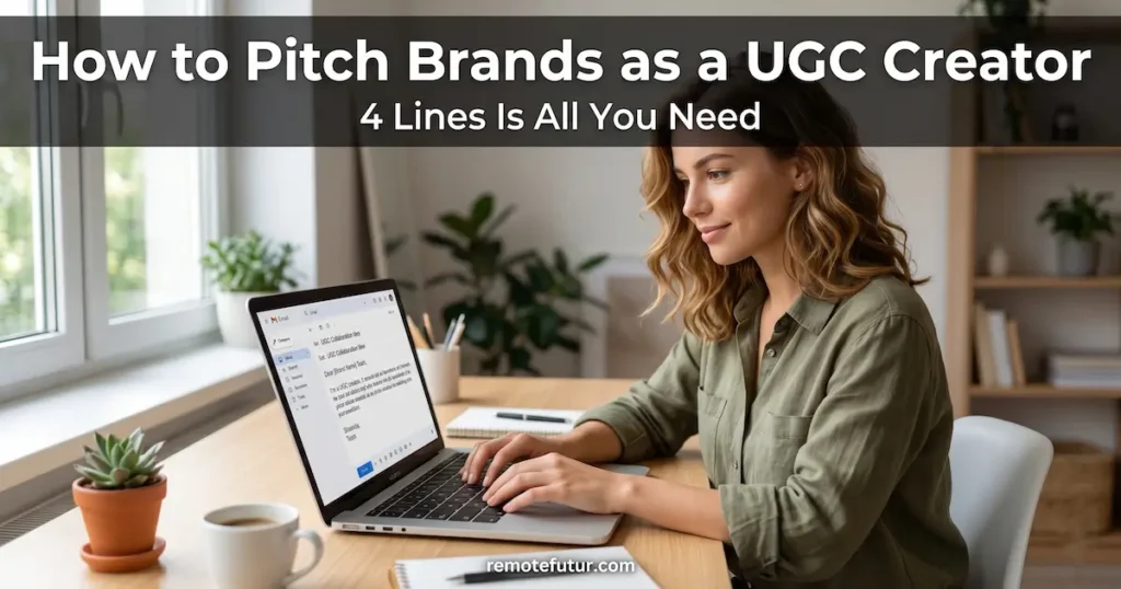 Woman writing a pitch email to a brand on a laptop to offer UGC video creation services