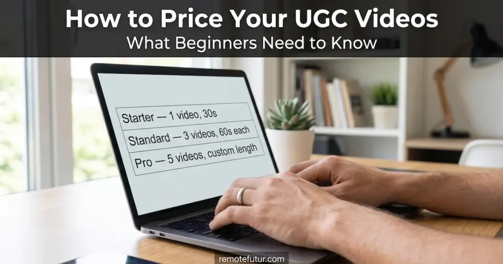 Person typing on a laptop showing a UGC video package table with starter, standard and pro tiers