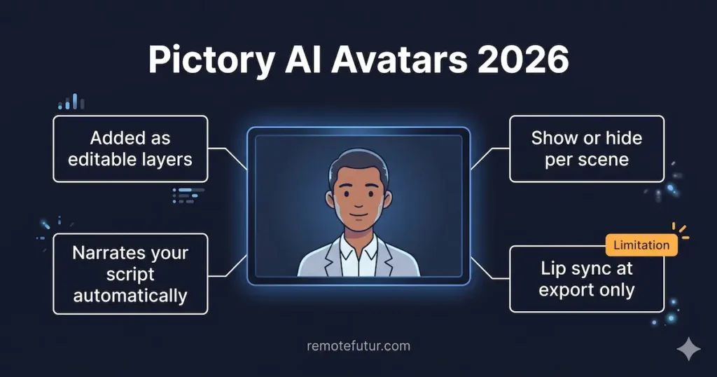 Pictory AI Avatars 2026 showing four key features including editable layers and lip sync at export only limitation