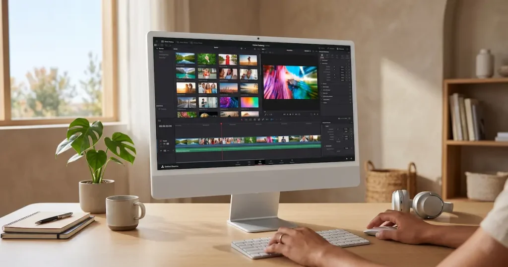 Hands typing on a laptop showing a faceless video editing interface in a home office