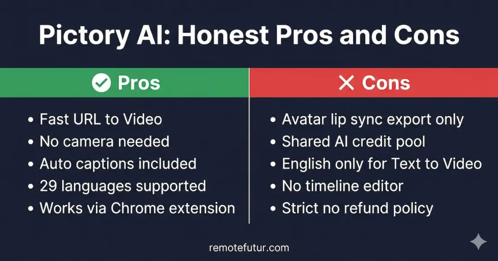 Pictory AI honest pros and cons comparison showing five strengths and five limitations for faceless video creators