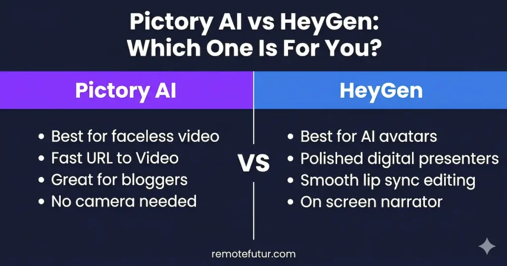 Pictory AI vs HeyGen comparison showing Pictory is best for faceless video and HeyGen is best for AI avatars