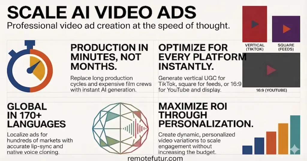Infographic showing how to scale AI video ads with HeyGen across multiple platforms
