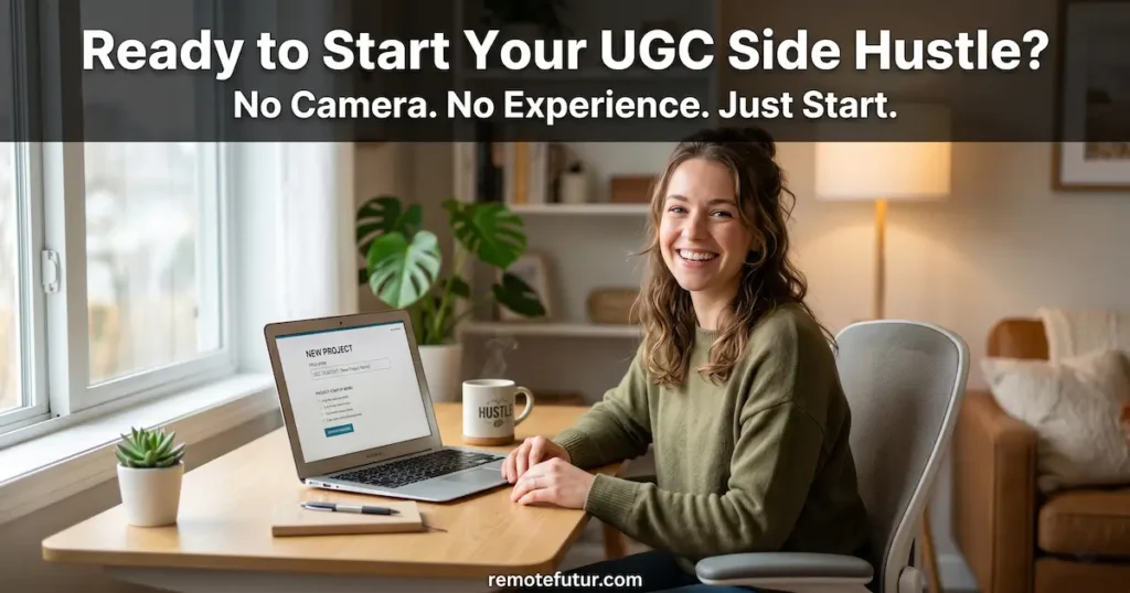 Woman smiling at her desk ready to start a new UGC project on her laptop