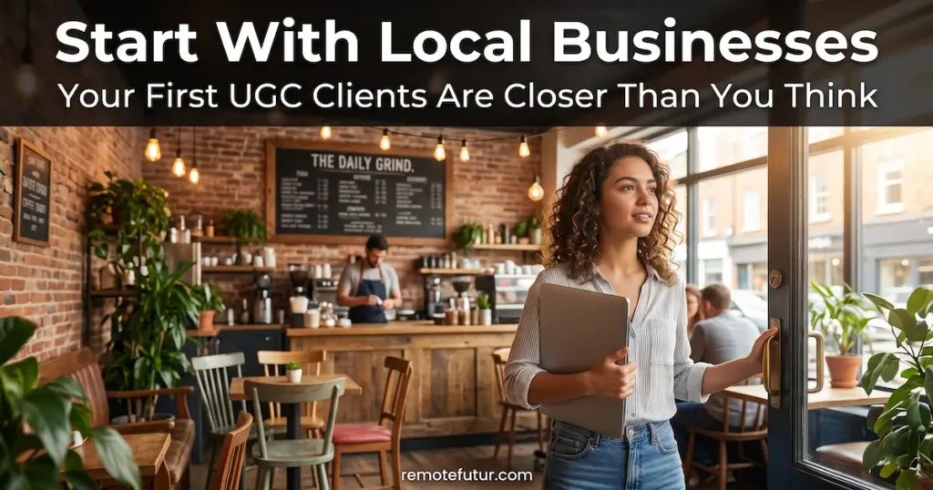 Young woman walking into a local coffee shop holding a laptop to pitch UGC video services