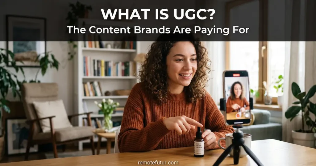 Woman recording a UGC product review video at home with a smartphone on a tripod