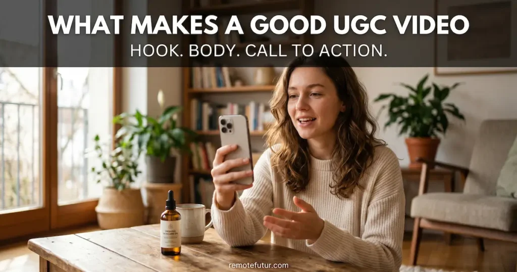 Woman filming a casual UGC product review video on her smartphone at home