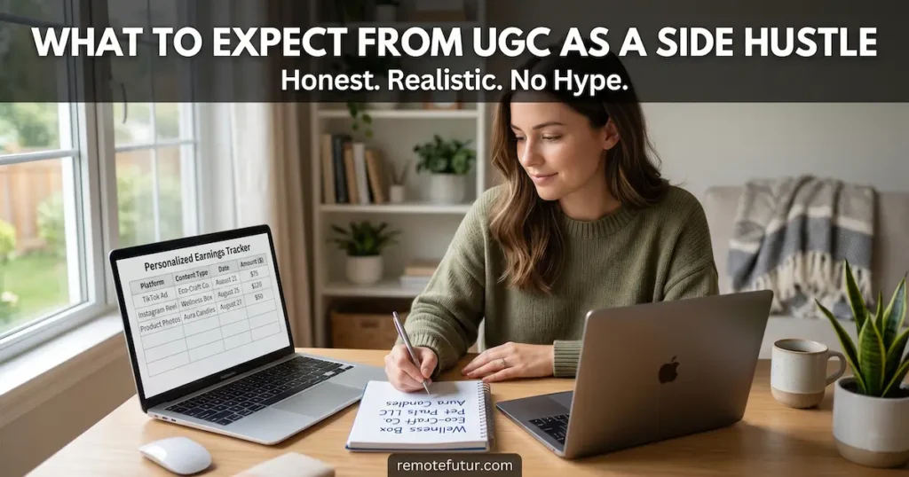 Woman tracking UGC earnings in a notebook with a personalized earnings tracker open on her laptop