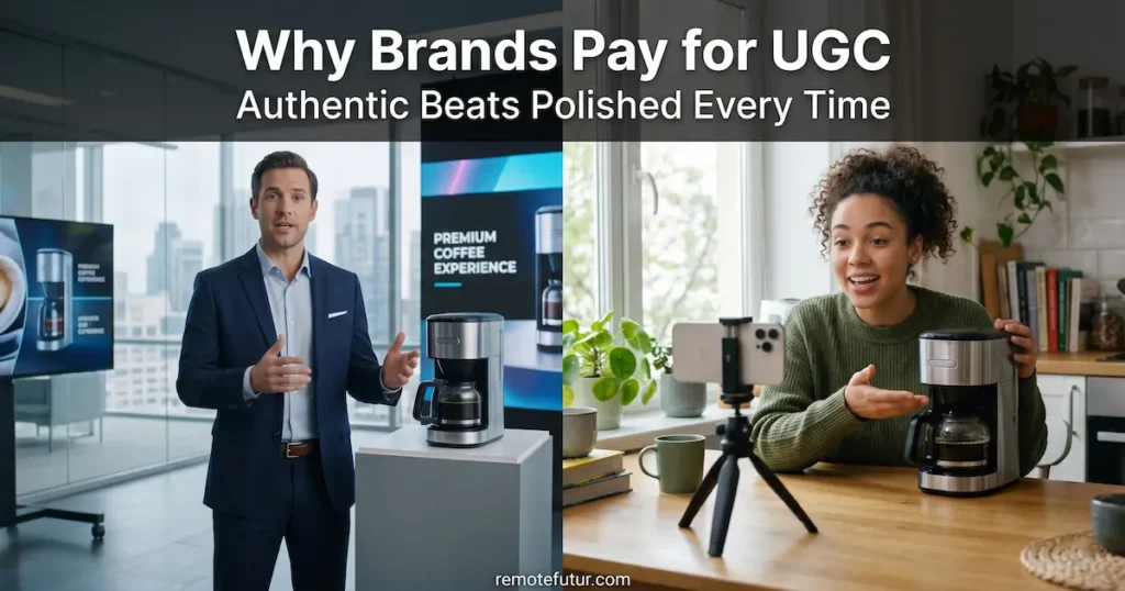 Split screen comparing a polished corporate video ad with a casual UGC creator at home
