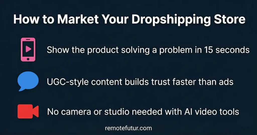 Three tips for marketing a dropshipping store: show products solving problems in 15 seconds, use UGC-style content, and create ads with AI video tools