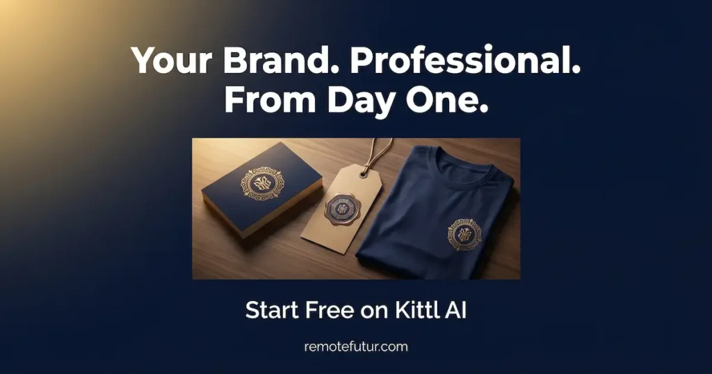 A premium branded product flatlay showing a navy business card, kraft paper hang tag, and folded t-shirt with a matching gold emblem, created with Kittl AI