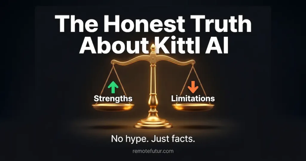 A golden balance scale weighing Kittl AI strengths and limitations, representing an honest and balanced review