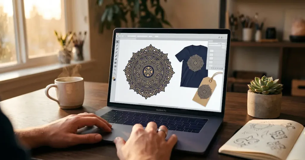 A laptop screen showing a professional brand emblem and merchandise mockups created in a design tool, with a coffee mug and sketchbook on the desk