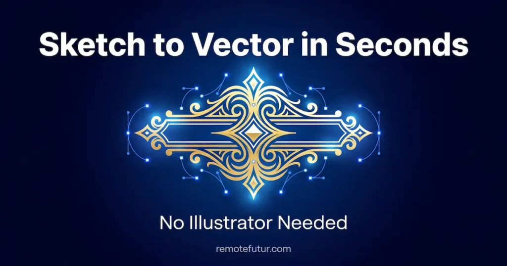 A glowing gold ornamental vector emblem with blue anchor points floating around it, illustrating Kittl AI's sketch to vector feature