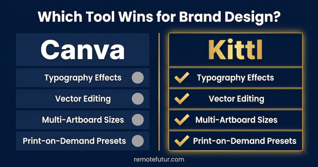 Comparison chart showing Kittl AI winning over Canva on typography effects, vector editing, multi-artboard sizes, and print-on-demand presets