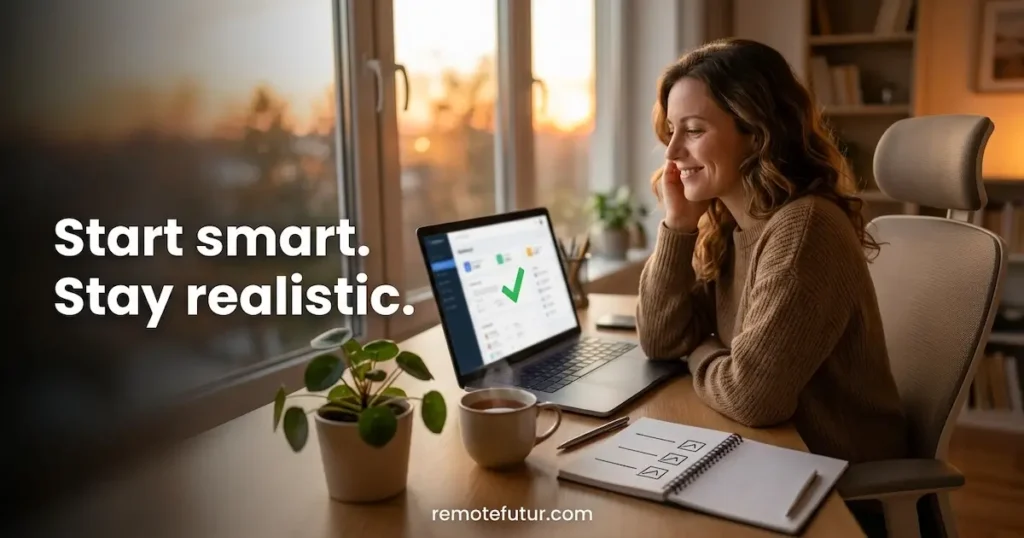 Person relaxing at a home desk at sunset after finishing remote AI training work, with the message start smart and stay realistic