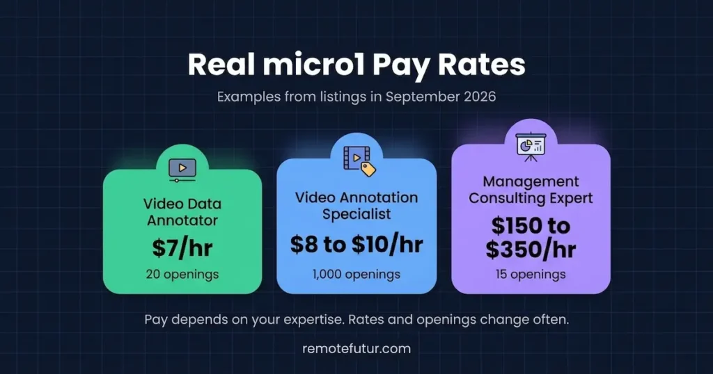 Real micro1 pay rates from September 2026 listings: Video Data Annotator at $7 per hour, Video Annotation Specialist at $8 to $10 per hour, and Management Consulting Expert at $150 to $350 per hour