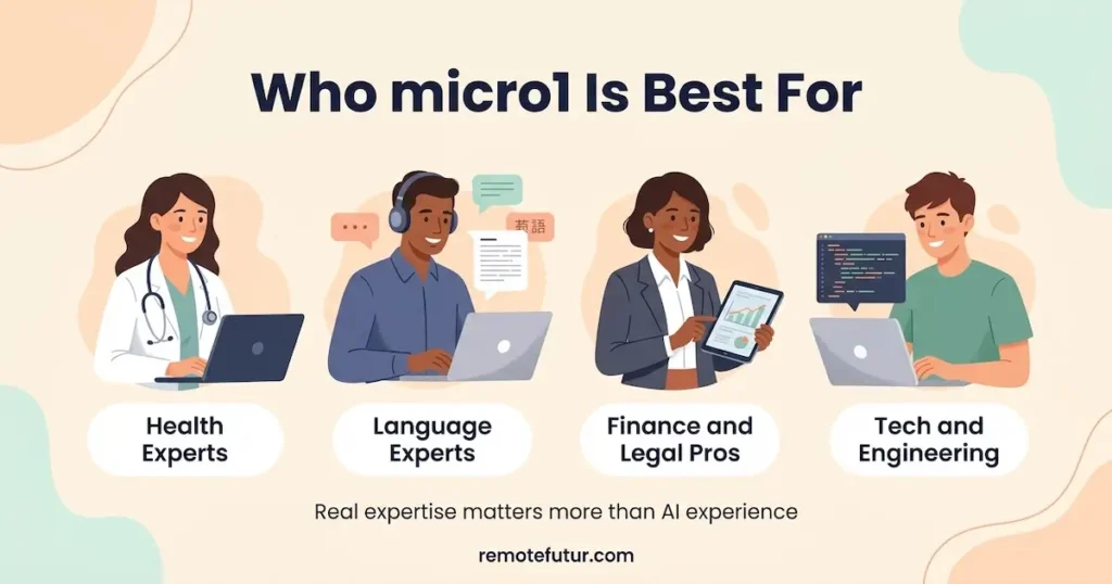 Illustration of four remote workers showing who micro1 is best for: health experts, language experts, finance and legal professionals, and tech and engineering specialists